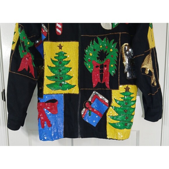 VINTAGE MODI DENIM Sequin Christmas Holiday Ugly Sweater Jacket L 10/12 80s 90s - Picture 3 of 16